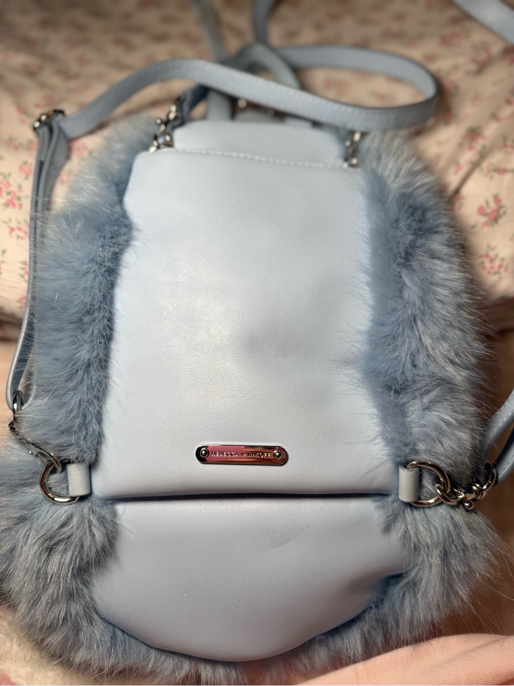 Rebecca Minkoff Julian Mini Light Blue Faux Fur Crossbody Backpack